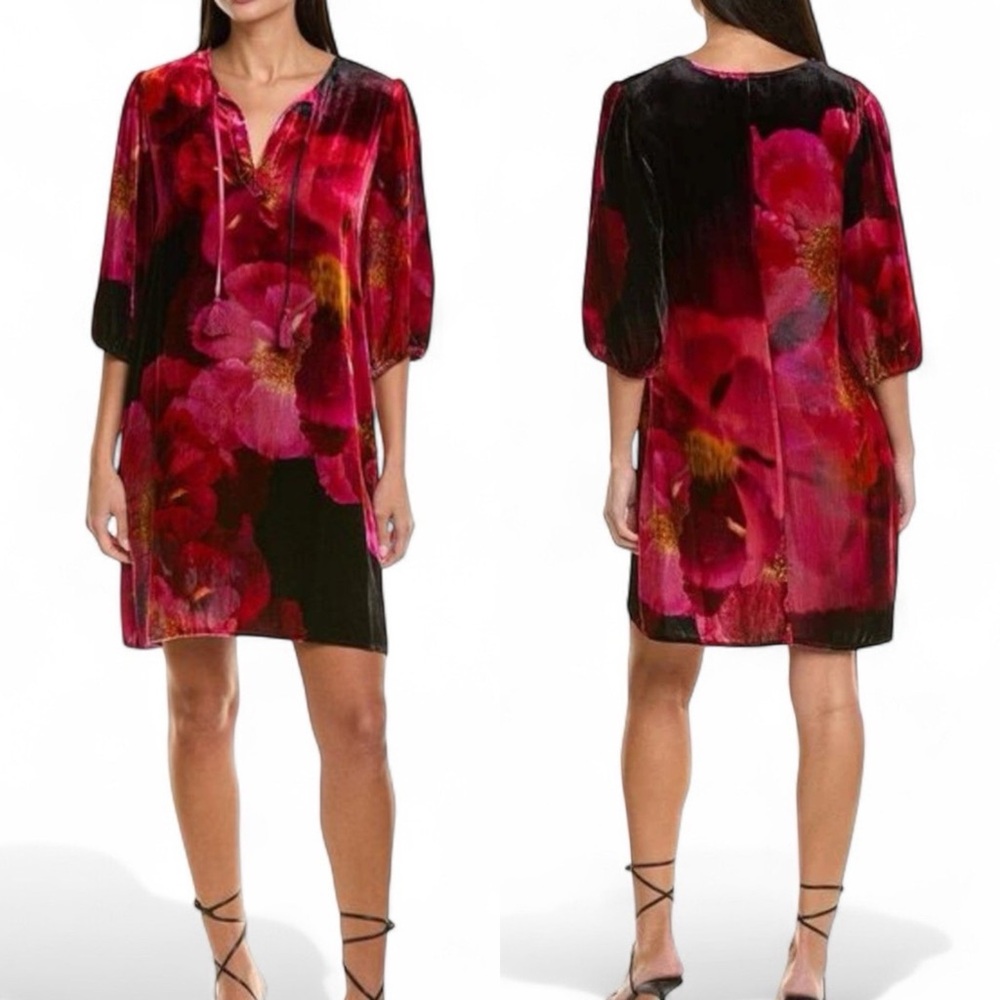 Johnny Was Vesna Mini Dress S Ruby Bloom Silk Blend Velvet Floral Boho NWT